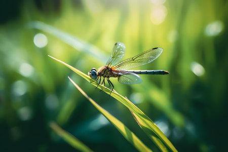 Dragonfly sitting on a blade of grass in the morning sun.の素材