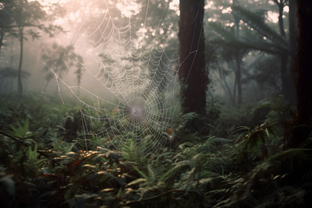 Cobweb in the morning mist in the forest. Nature backgroundの素材