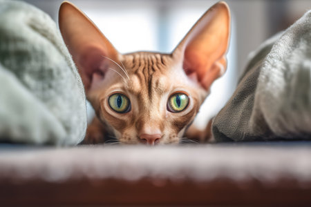 Bengal cat with green eyes lying on sofa and looking at cameraの素材