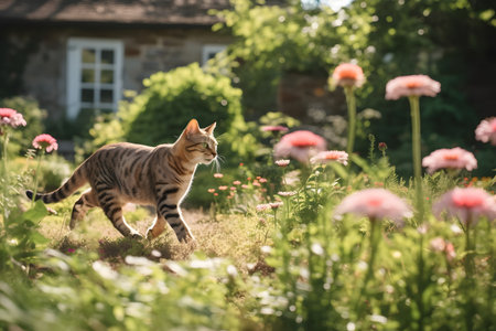 Cute tabby cat walking in the garden on a sunny dayの素材