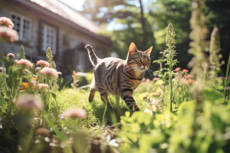 Cute bengal cat walking in the garden in summer.の素材