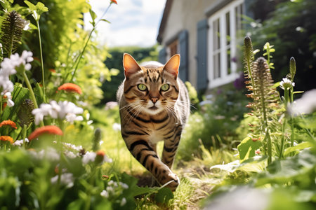 Beautiful bengal cat walking in the garden on summer dayの素材