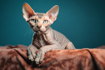 Portrait of a beautiful sphynx cat on a blue backgroundの素材