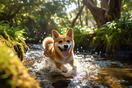Welsh Corgi Pembroke running in a streamの素材