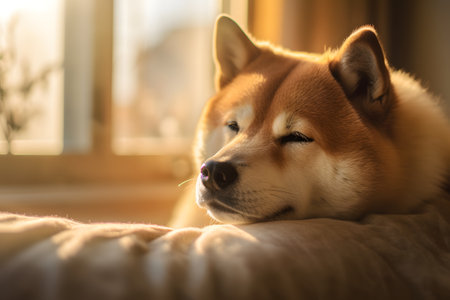 Portrait of japanese shiba inu on the bedの素材