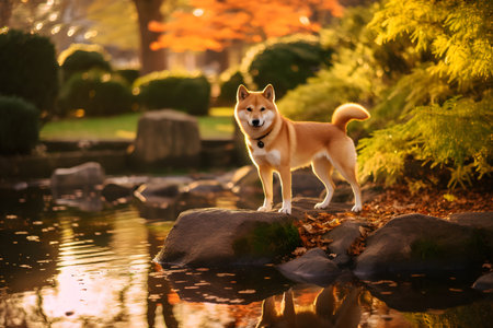 Shiba inu dog in the garden at sunset. Japanese dogの素材