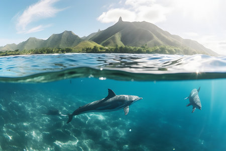 Dolphins swimming underwater in the ocean with mountains in the background.の素材