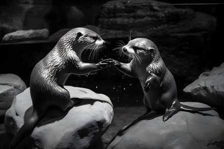 Two otters fighting in the aquarium. Black and white photo.の素材