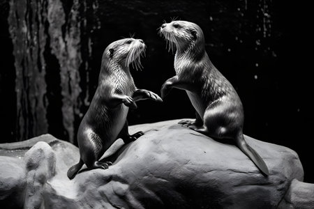Two otters on a rock in the aquarium. Black and white.の素材
