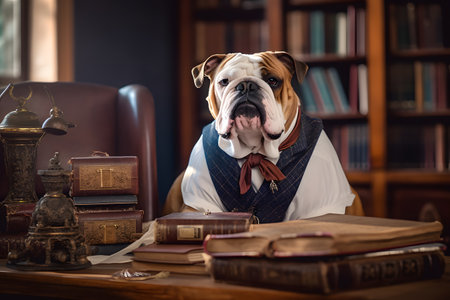 English Bulldog in a suit and tie sitting at a desk in a libraryの素材
