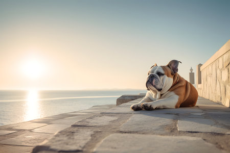English bulldog sitting on the wall by the sea at sunset.の素材
