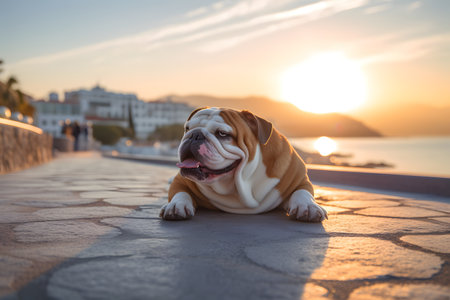 english bulldog lying on the promenade against the backdrop of the setting sunの素材