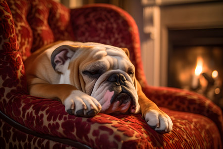 English Bulldog lying on a red chair in front of a fireplaceの素材