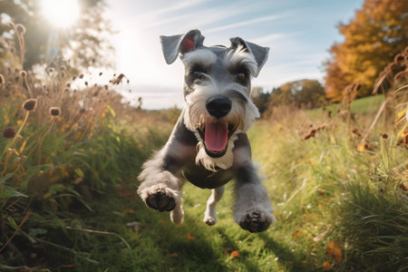 A miniature schnauzer dog jumping in the air with a happy expression.の素材