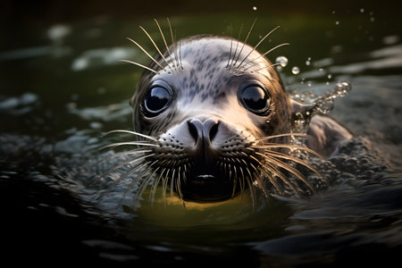 Close-up portrait of a seal swimming in the water with its mouth openの素材