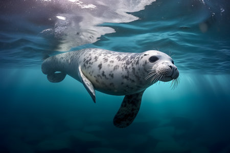 seal swimming in the ocean. Underwater photo of a seal.の素材