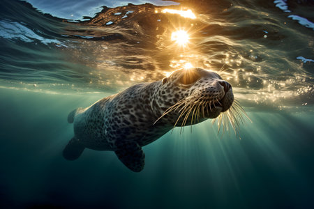 Seal swimming underwater with sunbeams and sunbeams.の素材
