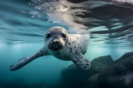Seal swimming in the ocean. 3D rendering. Underwater world.の素材