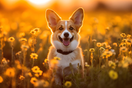 Corgi dog in the field of yellow flowers at sunset.の素材