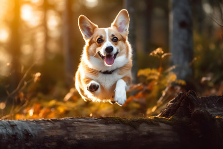 Welsh Corgi Pembroke dog running in autumn forestの素材