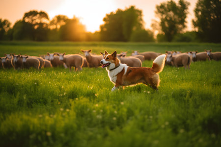 Portrait of a beautiful Welsh Corgi dog running in the fieldの素材
