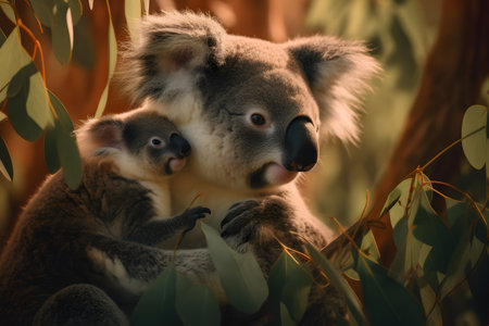 Koala mother with her baby in eucalyptus treeの素材