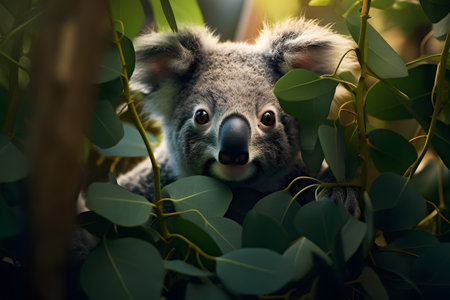 Koala bear in eucalyptus tree with leaves.の素材
