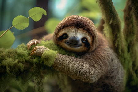 Cute sloth hanging on a branch in the rainforest.の素材