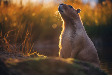 Cute otter standing on the bank of the river at sunsetの素材