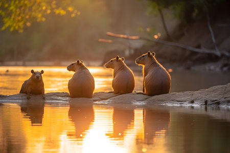 Capybara (Hydrochoerus hydrochaeris) at sunsetの素材