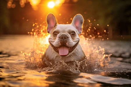 French bulldog running in the water at sunset, close up.の素材