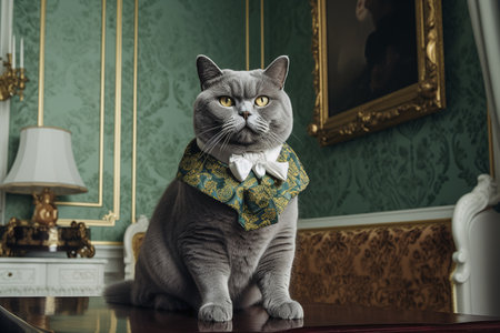British Shorthair cat wearing a bow tie and sitting on a tableの素材