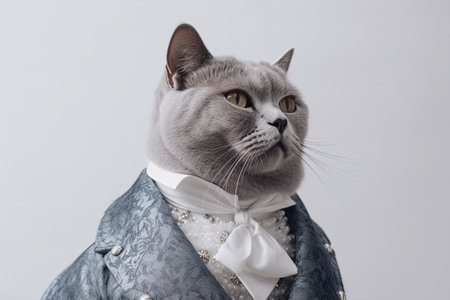 Portrait of a british shorthair cat wearing a blue jacket and bow tieの素材