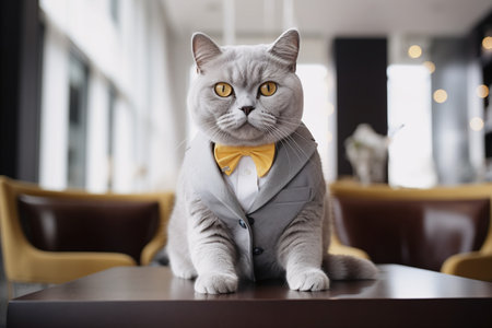 Beautiful cat in a suit and bow tie sitting in a cafeの素材