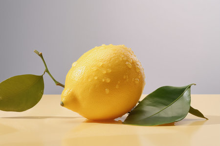 Lemon on a yellow background with green leaves and water dropletsの素材