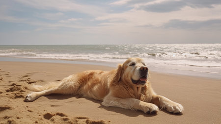 golden retriever lying on the sand by the sea in summerの素材