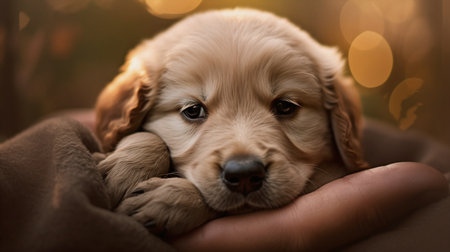 Cute Golden Retriever Puppy on the bed at homeの素材