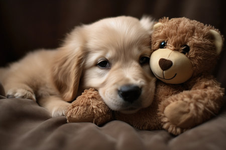 golden retriever puppy and teddy bear on a brown backgroundの素材