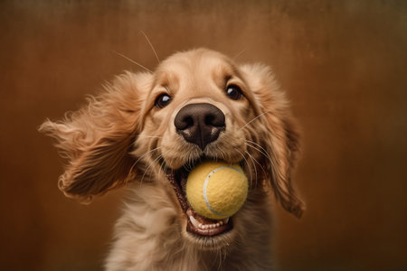 Cocker Spaniel puppy playing with a tennis ball on a brown backgroundの素材