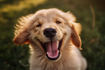 Cute golden retriever puppy on green grass in sunset light.の素材