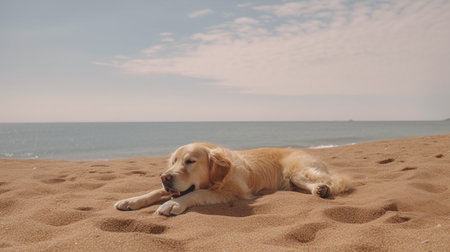 Golden retriever dog lying on the sand on the beach in summerの素材