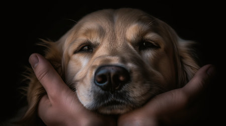 Golden Retriever dog lying on the owner's hand on black backgroundの素材