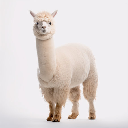 White alpaca, isolated on white background. Studio shot.の素材