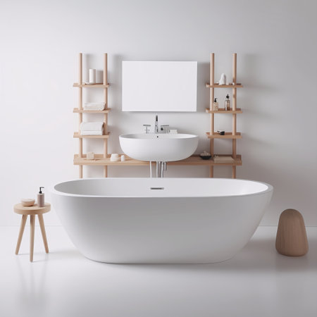 Bathroom interior with a white bathtub, a wooden shelf and a vertical poster. 3d rendering mock upの素材