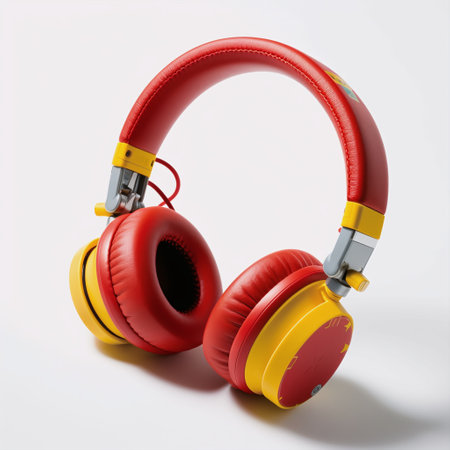 Red and yellow headphones on a white background. 3d rendering.の素材