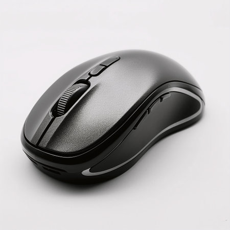 Black computer mouse isolated on white background. 3d render illustration.の素材