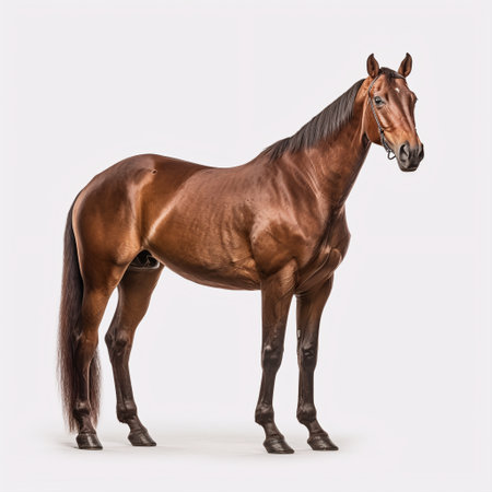 Portrait of a bay horse on a white background. Side view.の素材