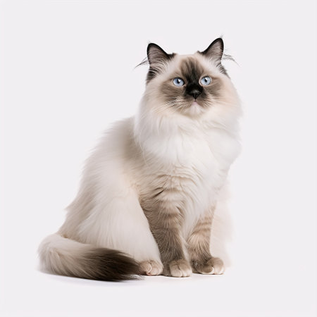 Ragdoll cat with blue eyes sitting on a white backgroundの素材