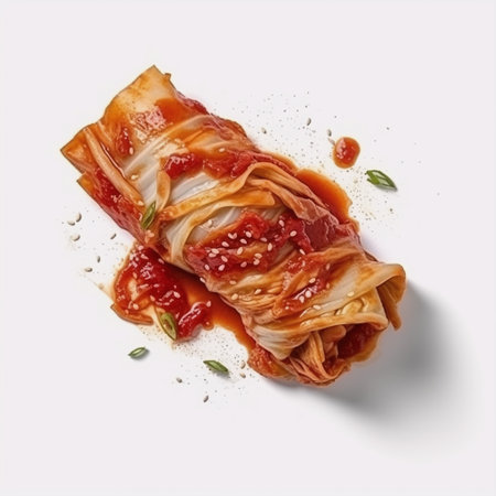 Cabbage roll with kimchi on white background. Top view.の素材