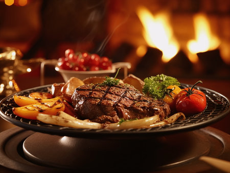 Grilled steak with vegetables on table in front of fireplace, closeupの素材